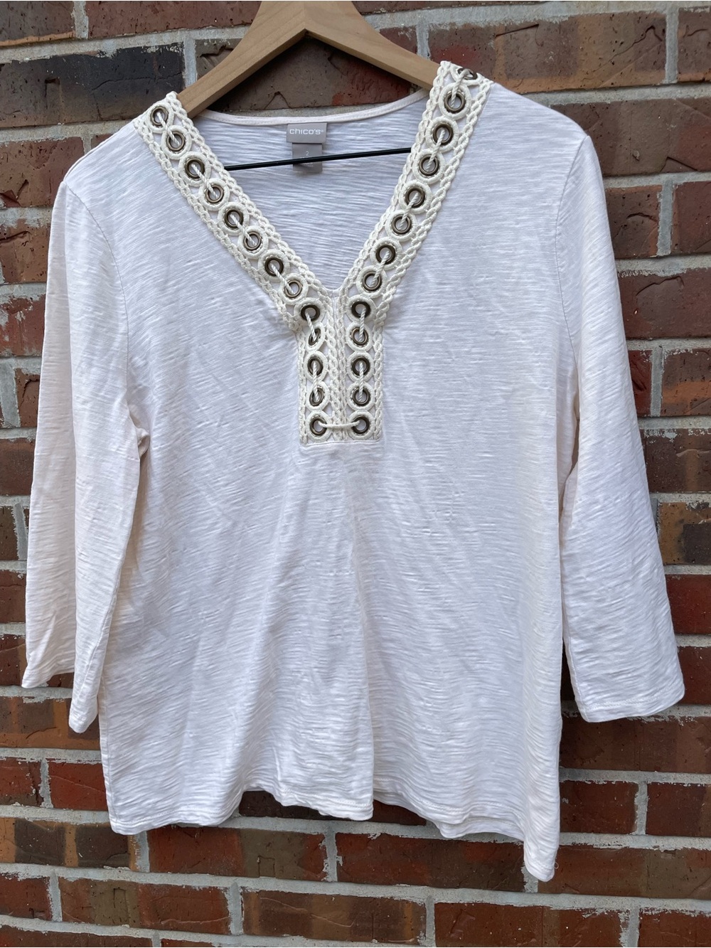 Chico's Cream V-Neck Grommet & Braid Trim Long Sleeve Top